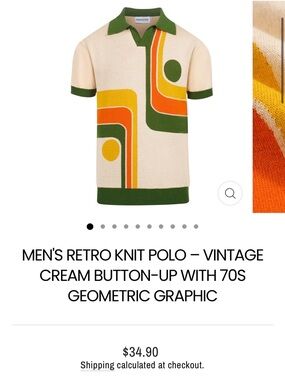 Men's Cream Knit Polo with Green, Orange & Yellow Retro Graphic